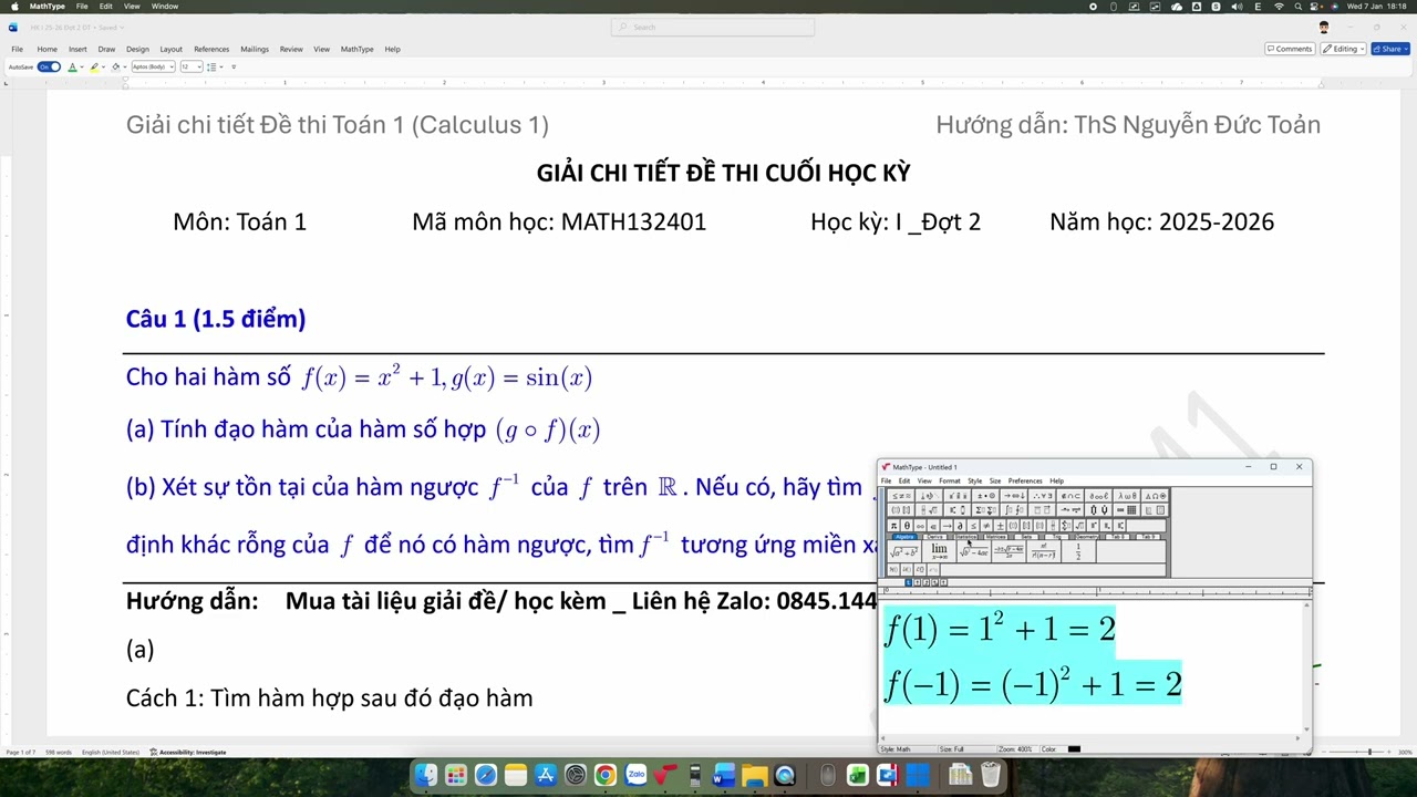 Giải chi tiết đề thi Toán 1 (Đợt 2_HK I 2025-2026, Hệ Đại trà)_Câu 1
