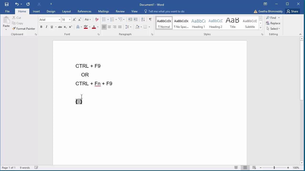 Using fields in word 2016