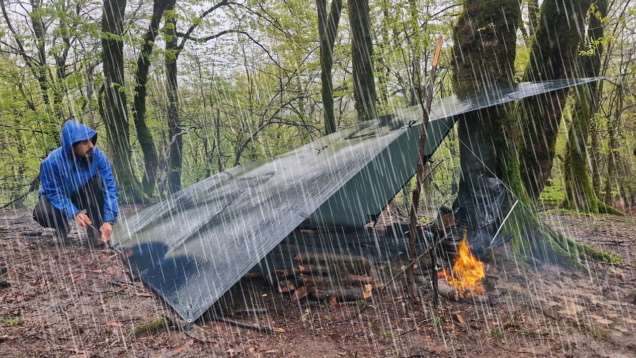 SOLO CAMPING in Heavy Rain | Bushcraft Emergency Shelter & Rain ASMR ...