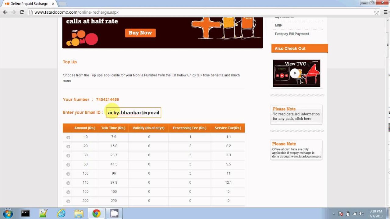 ONLINE RECHARGE TATA DOCOMO MOBILE PHONE