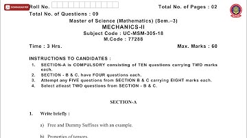 MSC 3RD SEM MATHS MECHANICS 2ND NOV 2019 | PTU