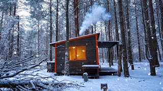 Thaw and snow, the forest house has become even more cozy, off grid cabin in the snowy woods