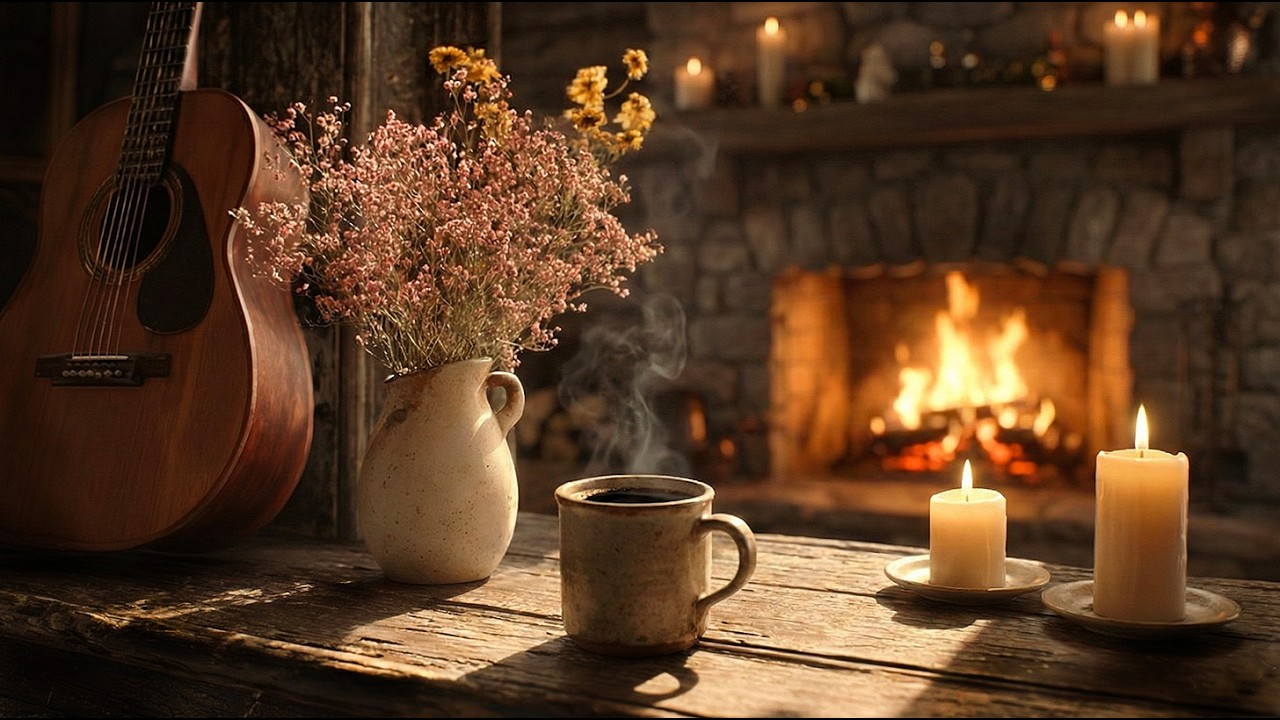 Relaxing Acoustic Guitar to Ease Into Calm | Quiet Night to Myself by the Fireplace (3 Hours)