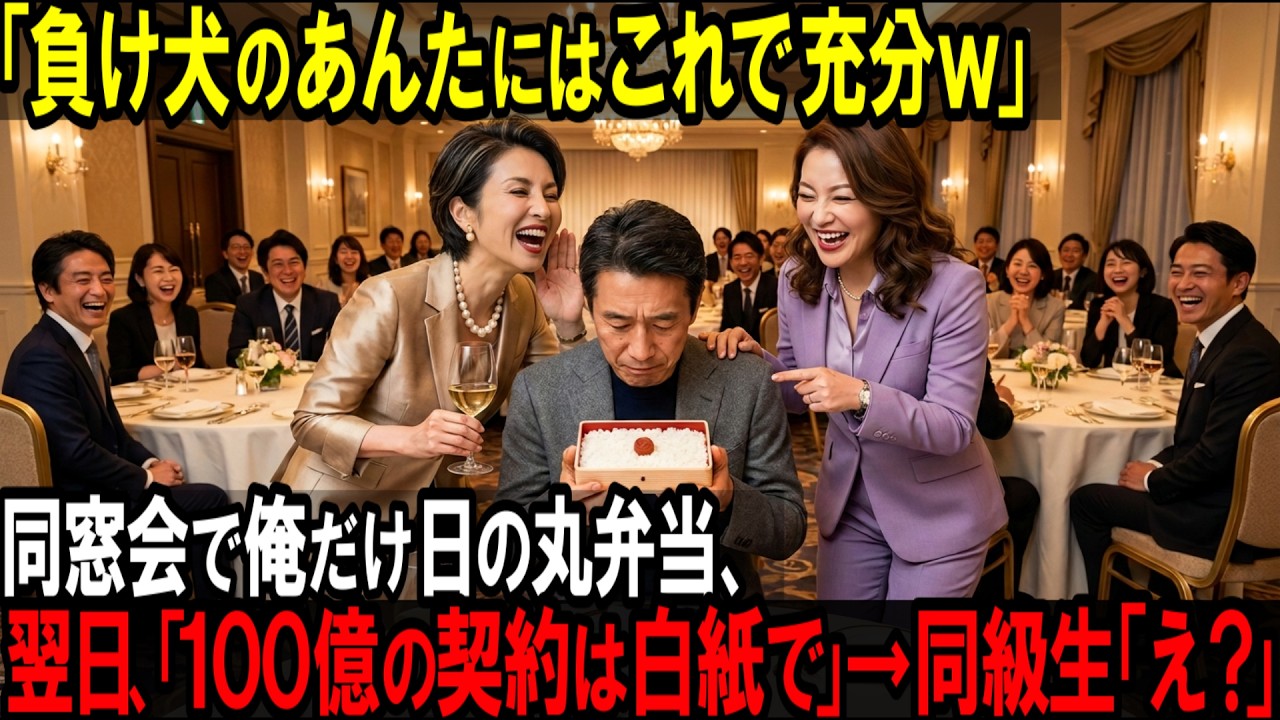 同窓会の宴会場で、私の前にだけ日の丸弁当が置かれた。高校時代、私の弁当箱をひっくり返してクラス中の笑い物にした女が、四十年の時を経て、今度は二百人（原文は70人だが、鉤では具体的な人数は伏せる）の前で「負け犬なんだから、あんたにはこれで十分でしょ」と笑った。私は黙って、その弁当を味わって食べた。彼女は勝ち誇った顔をしていた。翌日、百億円の契約に向けた商談室の上座に、私が座っていた。向かいの席...
