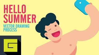 Hello Summer, Flat Character Drawing Process, Illustrator Tutorial, Gigantic