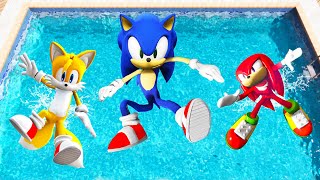 GTA 5 Sonic, Tails \& Knuckles Jumping Into Pool (Euphoria Physics\/Ragdolls)