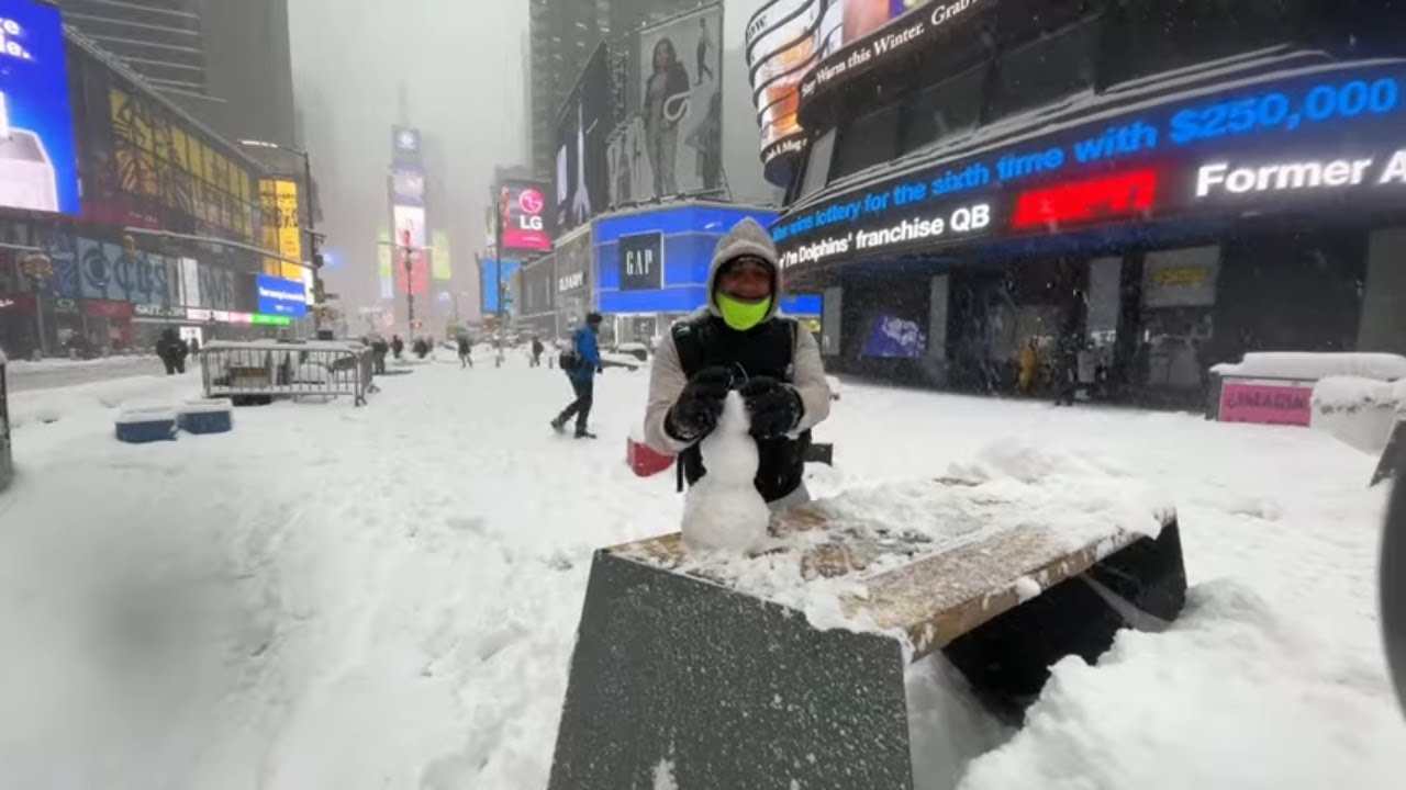 New York City Live Snowstorm Walking Time Square Manhattan During A