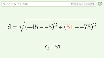 Find the distance between two points p1 (-5,-73) and p2 (-45,51): Step-by-Step Video Solution