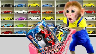 Go to the supermarket to buy a toy car with baby monkey Bibon | Animals Video