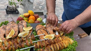 Шашлык из Семги / Семга на мангале / Картошка с курдюком / рецепт