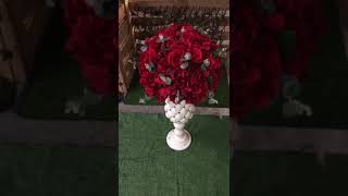 Red Roses and Red Hydrangea and Eucalyptus Leaves Table floral arrangement