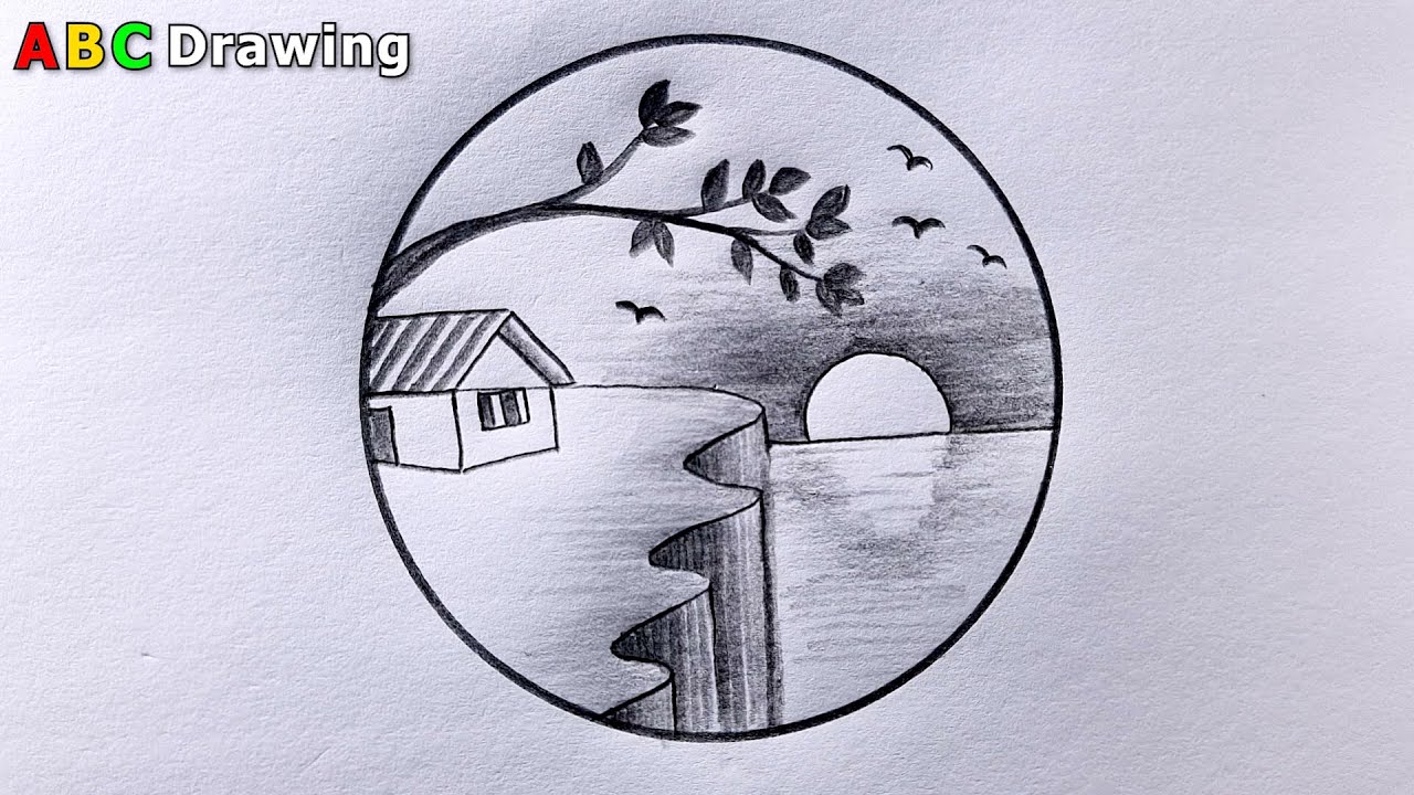 Pencil Sketch Sunset Landscape | Easy Nature Drawing in Circle - YouTube