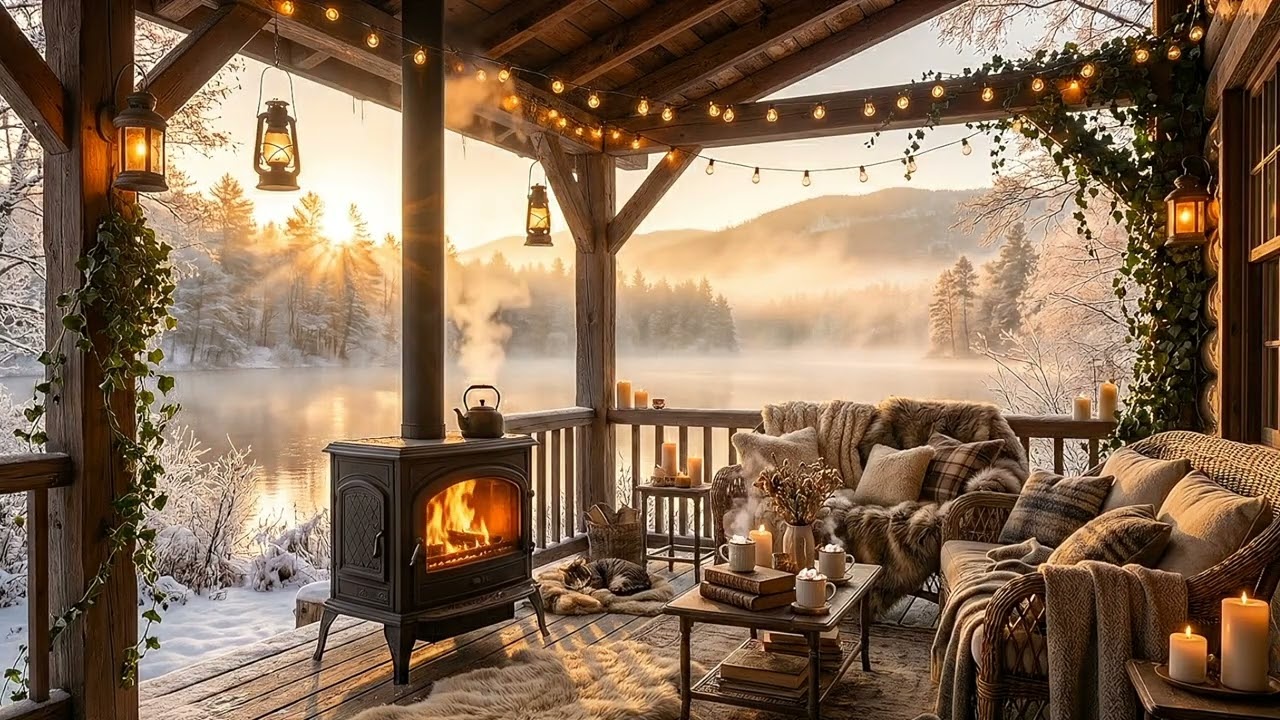 Cozy Fireplace by Winter Lake ❄️ Smooth Jazz & Fire Crackling | Deep Relaxation Ambience