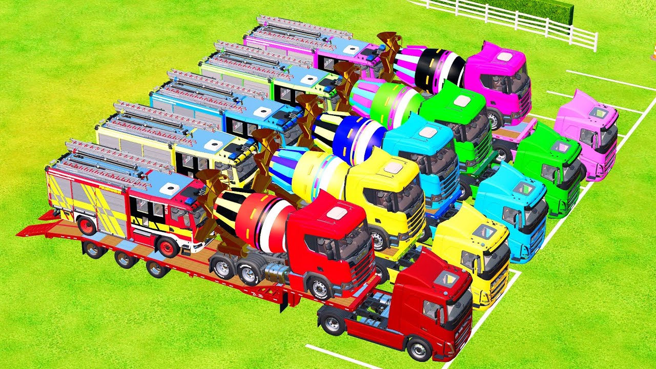 Garage with Colors  - TRANSPORTING SCANIA MIXER TRUCK, FIRE TRUCK WITH COLORED VOLVO TRUCK