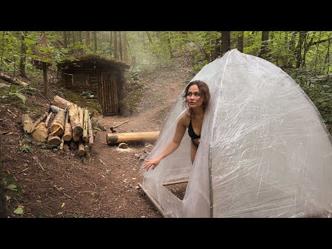 SOLO GIRL's bushcraft in a dugout & CAMP sauna and fishing ASMR