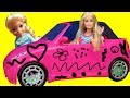 Elsa and Anna toddlers DRAW on Barbie's NEW Car! Does Barbie allow them? They draw cute things