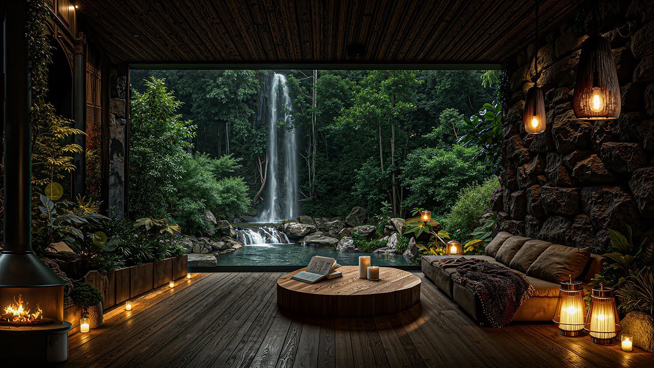 Smooth Jazz with Rain & Waterfall Sounds | Forest Jazz Ambience for Work, Study & Relaxation