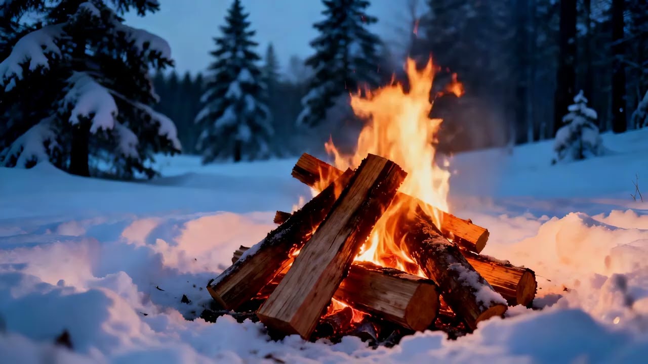 Snowy Forest Campfire at Night 🔥 Real Fire Sounds Only (4K Ambience)