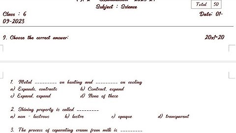 Class 6 Science Question Paper Formative assessment Karnataka state board