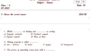 Class 6 Science Question Paper Formative assessment Karnataka state board
