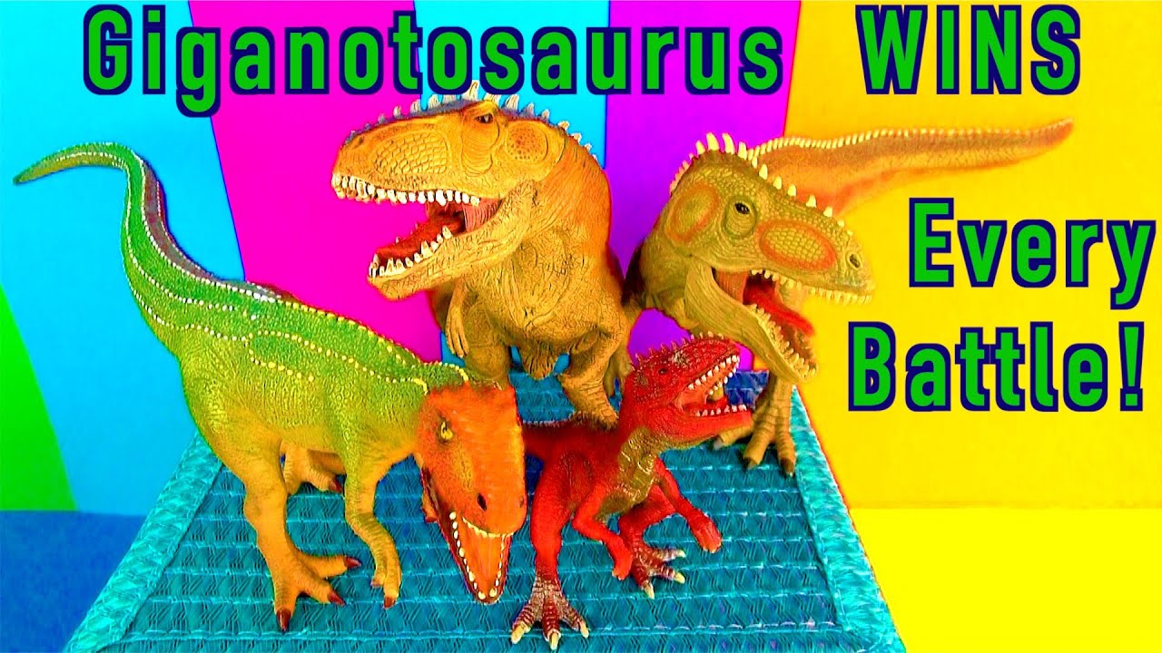 t rex ark Dinosaur Fight GIGANOTOSAURUS WINS every BATTLE Kids dino GIGA Wins รบ ไดโนเสาร SuperFunReviews