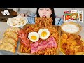 ASMR MUKBANG| 직접 만든 미고랭 & 양념치킨 만두 먹방 & 레시피 FRIED CHICKEN AND NOODLES EATING