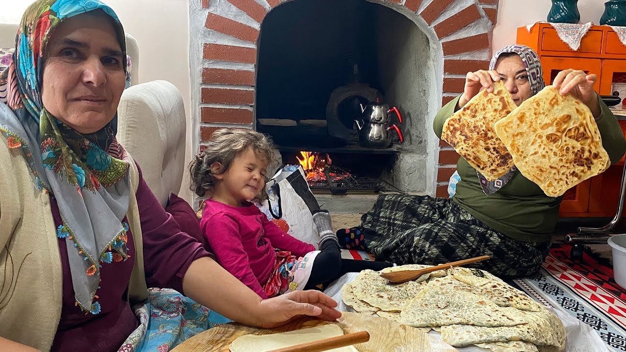 Közde Bazlama, Şömine 'de Katmer ve çörek #köydeyaşam #tandırekmeği