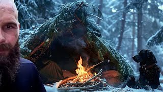 Bushcraft Winter Camping In A Primitive Shelter With My Dog