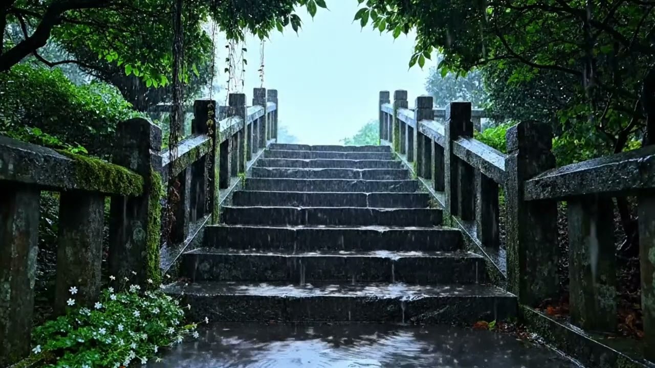 Rainy Stone Staircase in a Quiet Forest  Deep Rain Ambience for Sleep & Relaxation