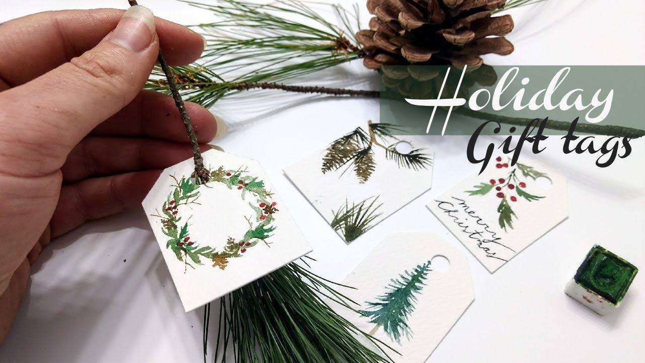 Christmas Foliage Frame Tag, Watercolor Gift Tag, Holiday Gift