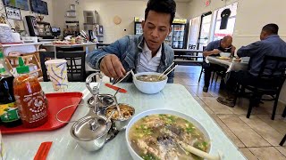 New open Lao restaurant in Fresno. Eating Lao chicken noodle soup (Khao Piak Sen)