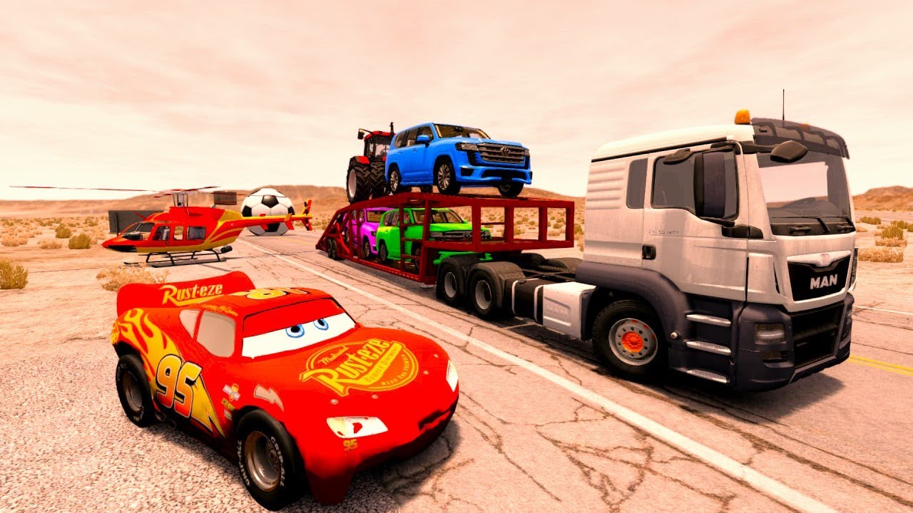 Triple Flatbed Trailer McQueen Transportation with Truck - Speedbumps vs Cars vs Train - BeamNG #8