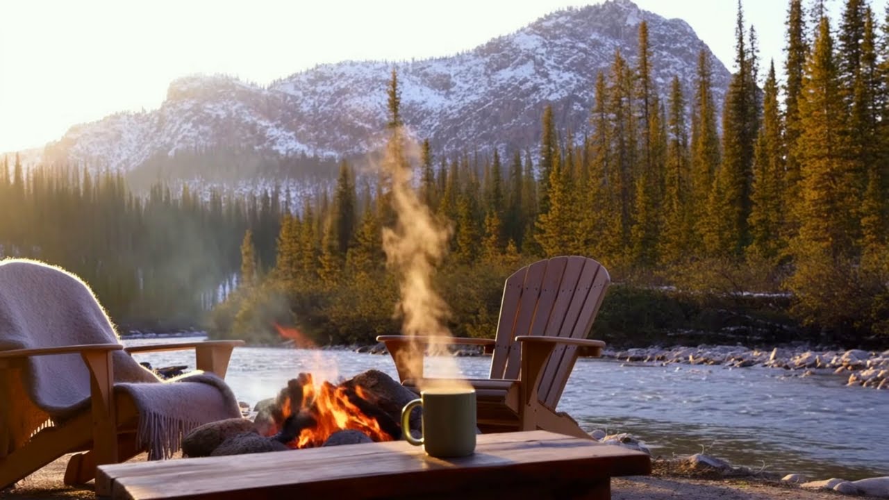 Cozy Mountain Campfire & Flowing River ☕ Relaxing Ambience