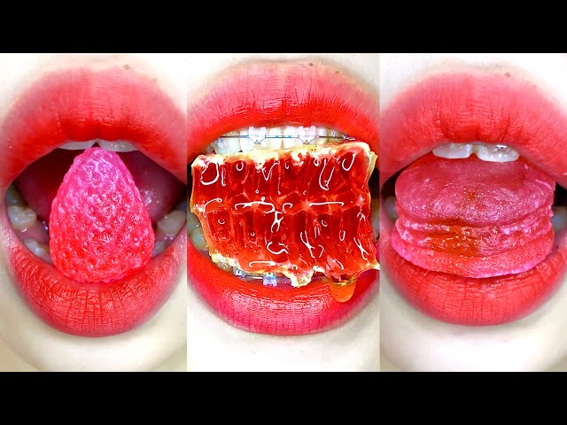 asmr PINK&RED FOODS eating sounds class=