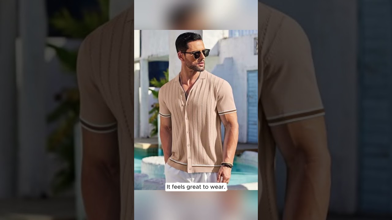 COOFANDY Men's Short Sleeve Knit Shirt Casual Button-Down Shirt Striped Knitted Golf Beach Tops