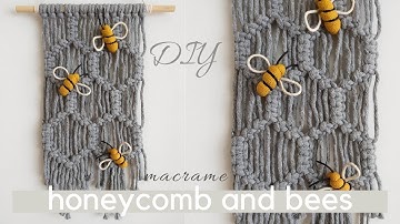 DIY macrame honeycomb with bees, bumblebees wall hanging, hexagon easy pattern with square knots
