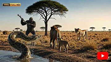 King Kong saves a lion family from a giant python in the African savannah