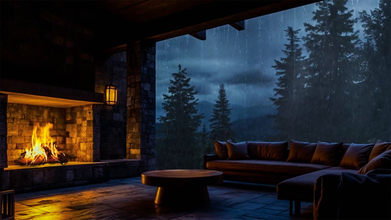 Fireplace and Rain Sound for Sleeping | Cozy Wooden Porch with Rain and Fire for Better Sleep
