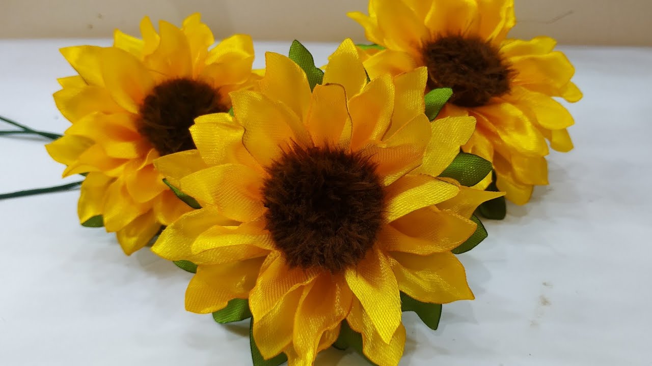 Sunflower - ribbon flowers - how to make flower with ribbon - flower making with ribbon
