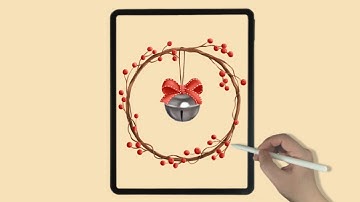 Red Berry Wreath With a Round Bell in Christmas iPad Procreate Drawing - Digital Illustration