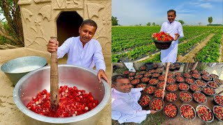 Fresh Strawberry Milkshake Without Machine | Unlimited Strawberries  | Village Food Secrets