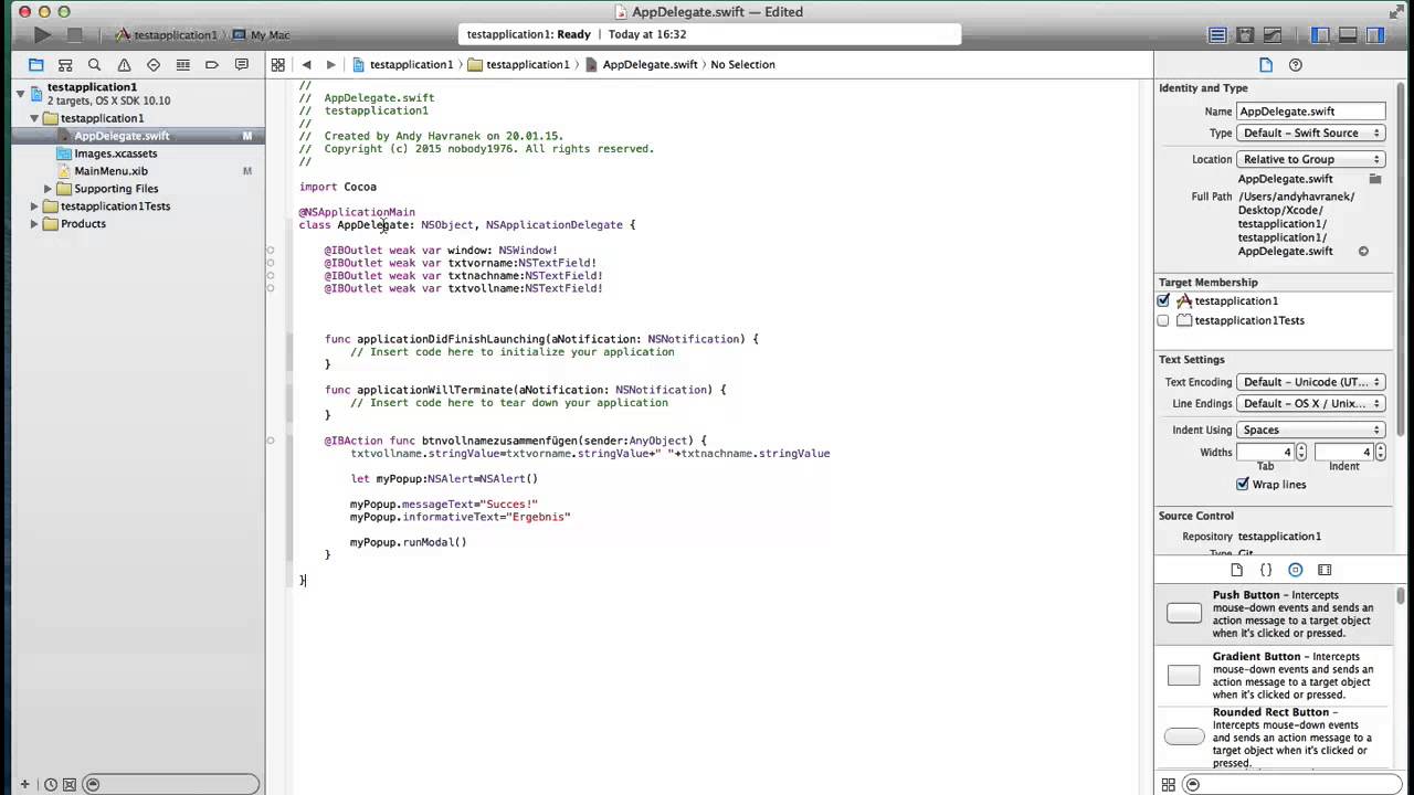 Xcode 6.1 Cocoa Swift Tutorial 3 textfield und button plus popup Teil2 ...