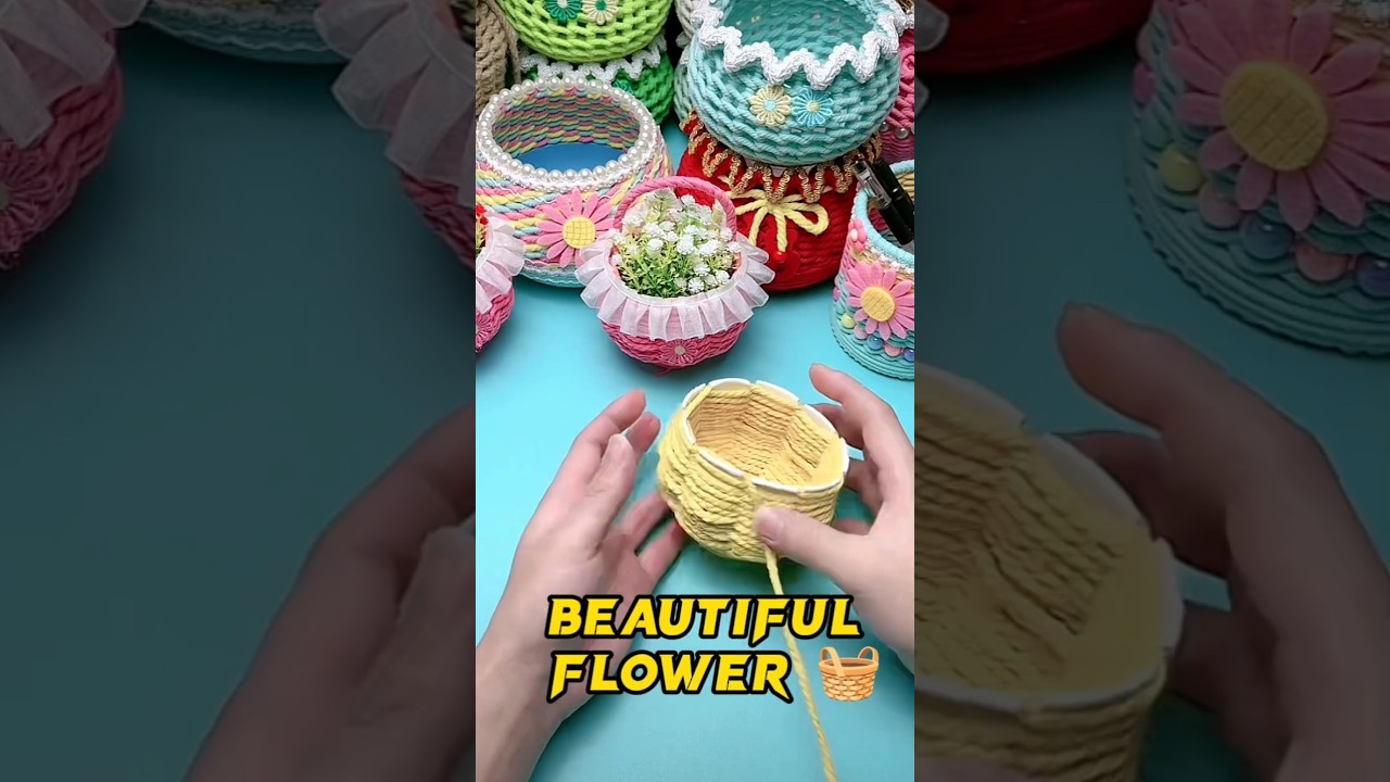 beautiful diy flower basket 🧺 #shortsviral #artandcraft #woolcraft #crochet