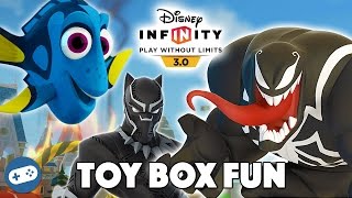 Dory Black Panther and Venom Disney Infinity 3.0 Toy Box Fun Gameplay with Owen and Liam. We have some more Toy Box Fun 