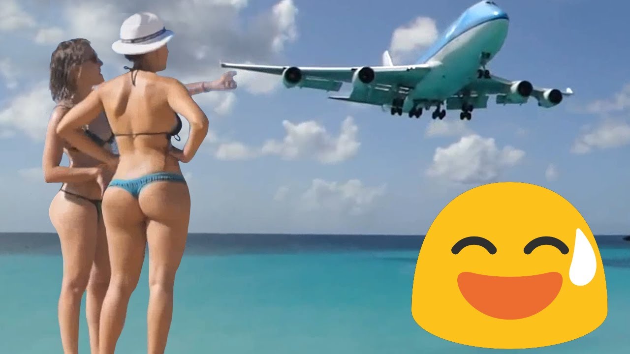 P2 Airport St Maarten Bikini GIRLS Amazing Plane landing and Takeoff footage Boeing 747 KLM