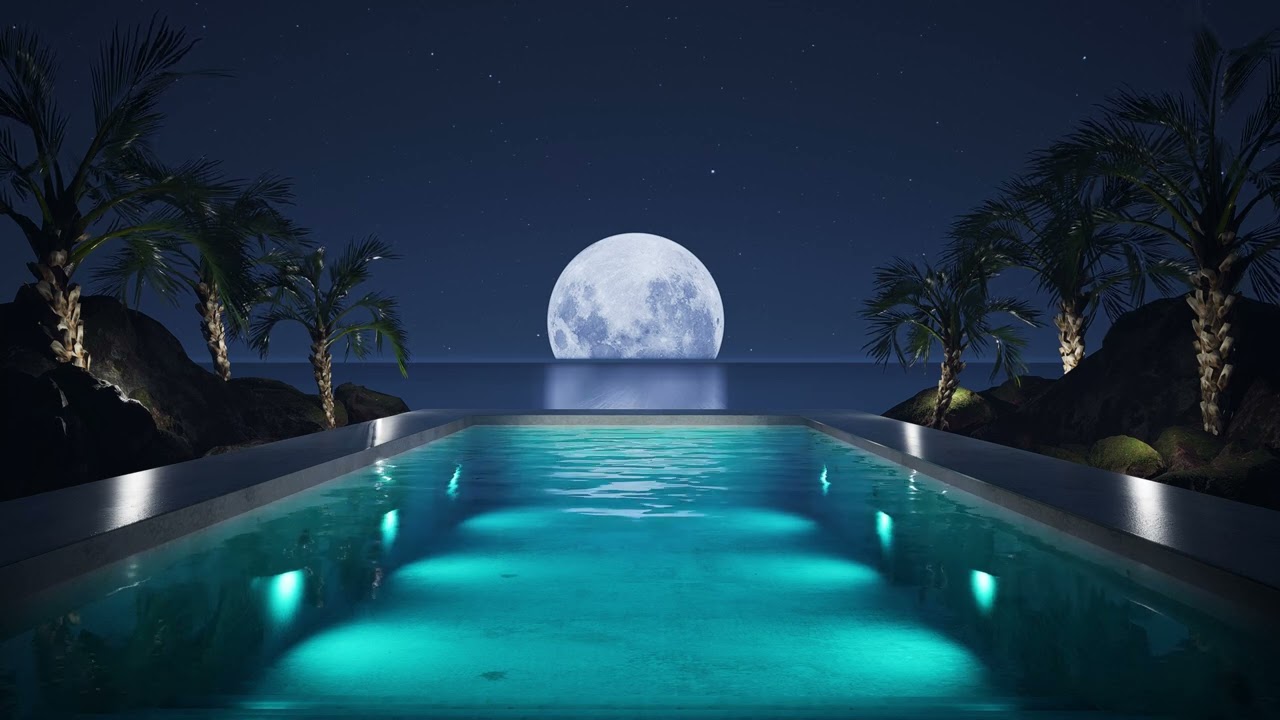 8 Hours Magical Night with a Glowing Swimming Pool Under the Moonlight / Soothing Water Sounds