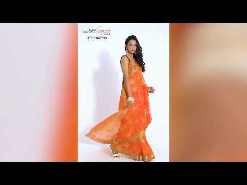 Organza Silk Reception Saree in Orange with Floral work 1877999