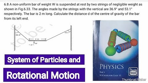 A non-uniform bar of weight W is suspended at rest by two strings of negligible weight as shown in