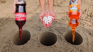 Experiment !! Coca cola, Pepsi, Fanta, 7 ups, baking soda and Mentos underground