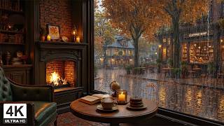 Elegant Rain Café Ambience 🍂 Piano Jazz & Cozy Fireside Ambience for Study, Focus & Deep Relaxation